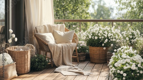 Cozy terrace with armchair, cushions, flowers, basket, blanket, and large window. Wooden floor and personal touches create a warm and inviting atmosphere. Perfect for home decor inspiration. photo