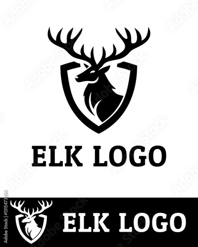 A modern and stylish elk logo design featuring a majestic elk head with large antlers inside a shield