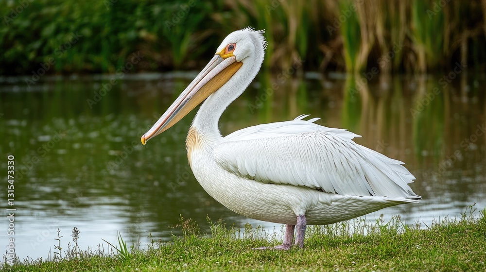 A large white pelican standing in the grass near a small pond. A large white pelican standing in the grass near a small pond.