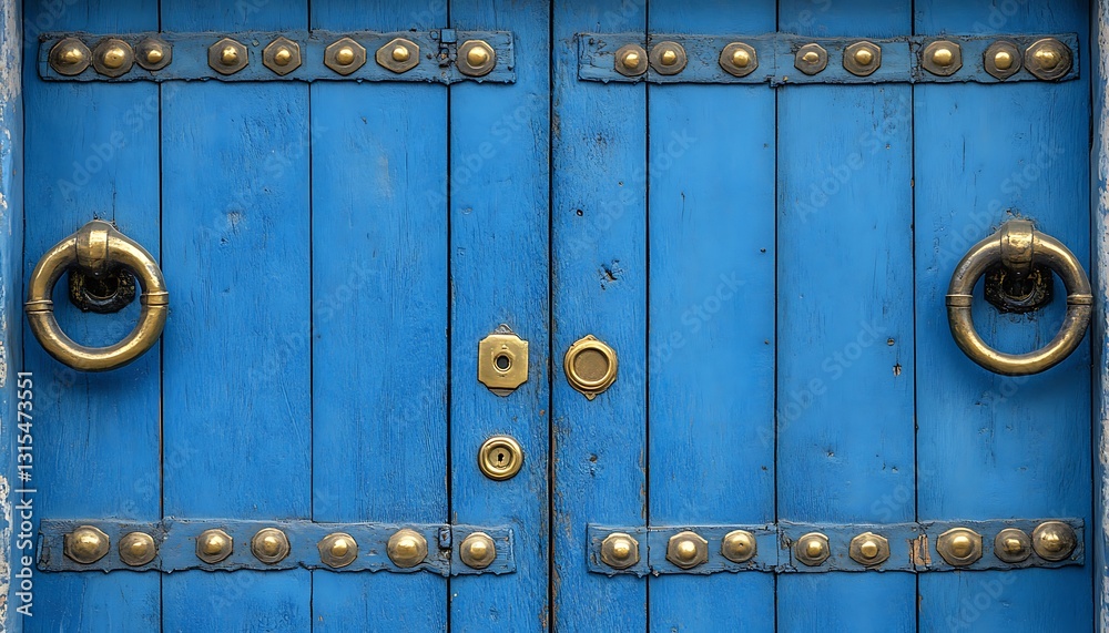 Weathered Blue Wooden Door With Brass Hardware And Metal Studs With Detailing  Of Texture 