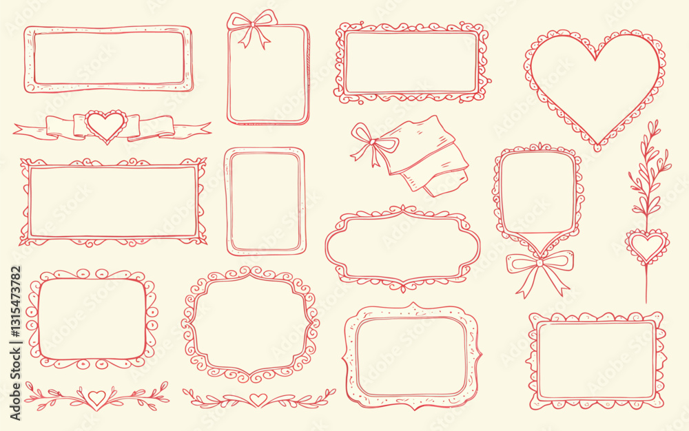 Doodle hand drawn coquette frames with hearts, wavy lines, bows and ribbons. Doodle hand drawn coquette frames with hearts, wavy lines, bows and ribbons.