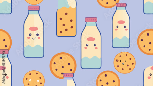 Happy cartoon milk bottles with cookies in a cheerful kitchen setting for a delightful snack time