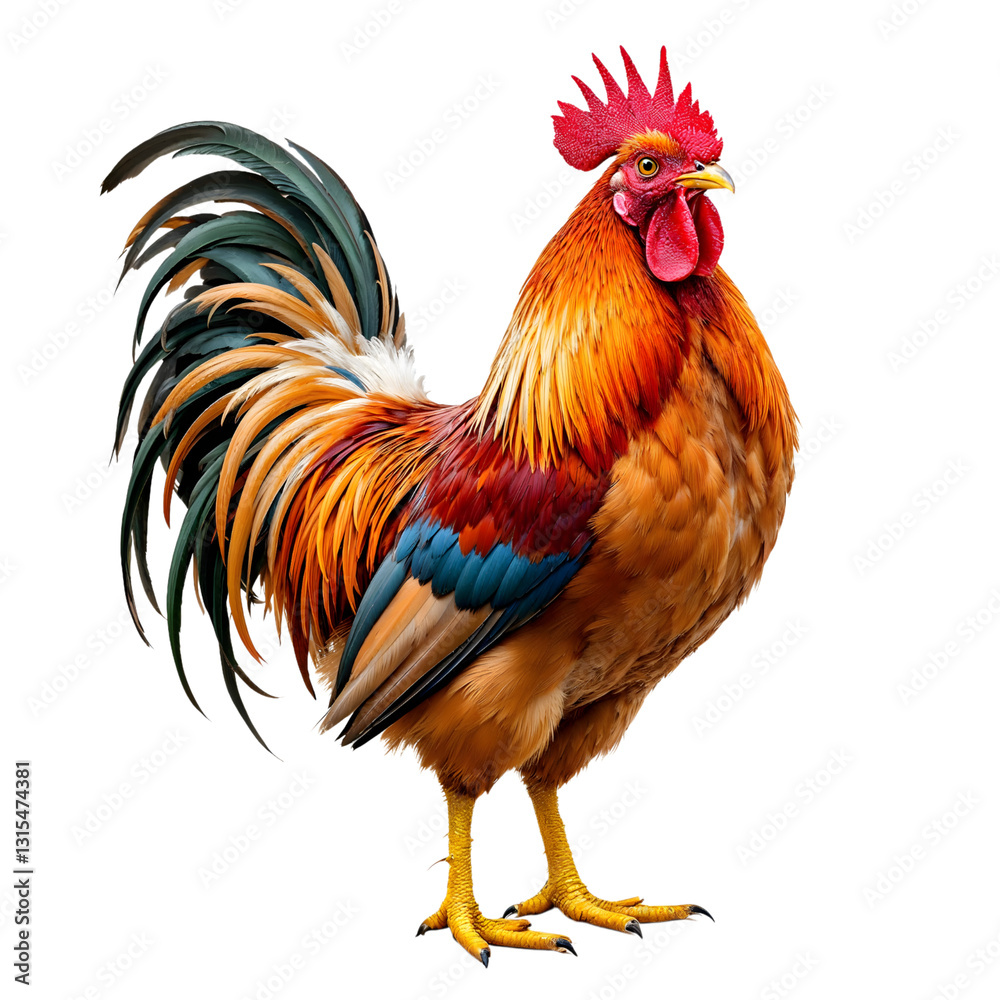 Fototapeta premium Vibrant Rooster Portrait Against a White Background