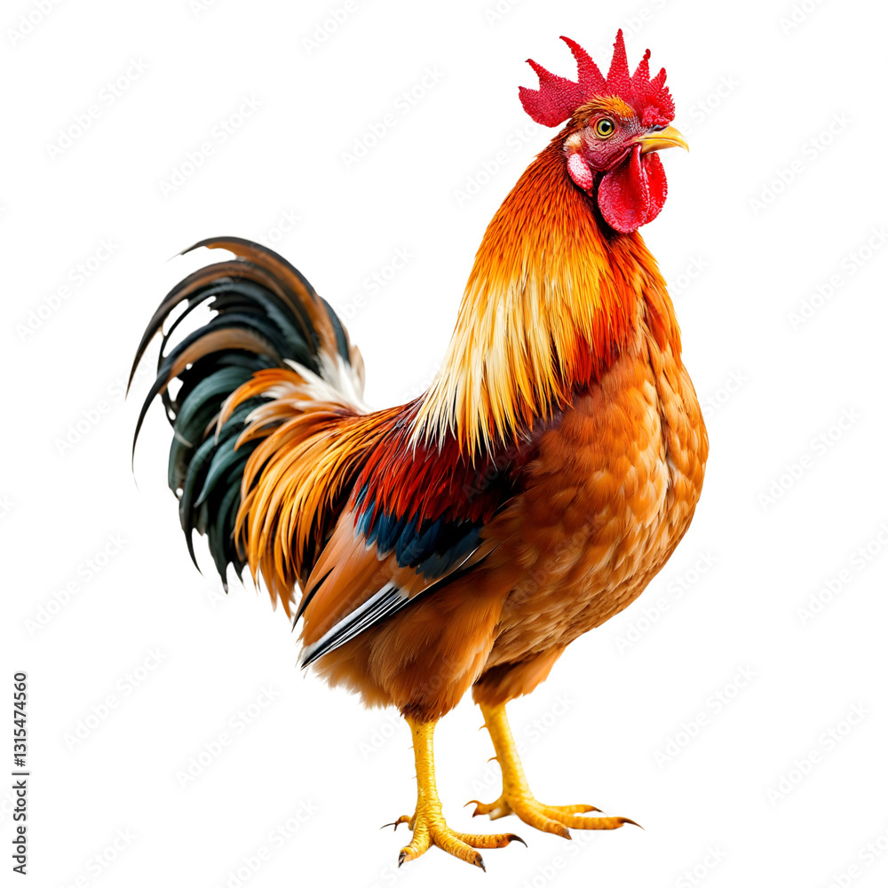 Fototapeta premium Vibrant Rooster in Full Profile Against a White Background