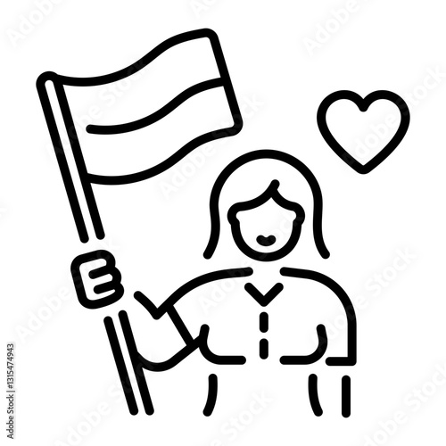 A line style icon of female character holding a pride flag 