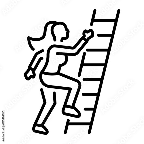 A woman climbing a ladder showing female growth, line icon 
