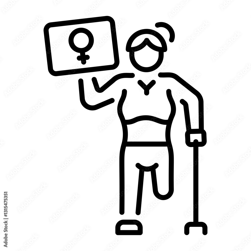 A linear style icon of protesting female amputee character A linear style icon of protesting female amputee character