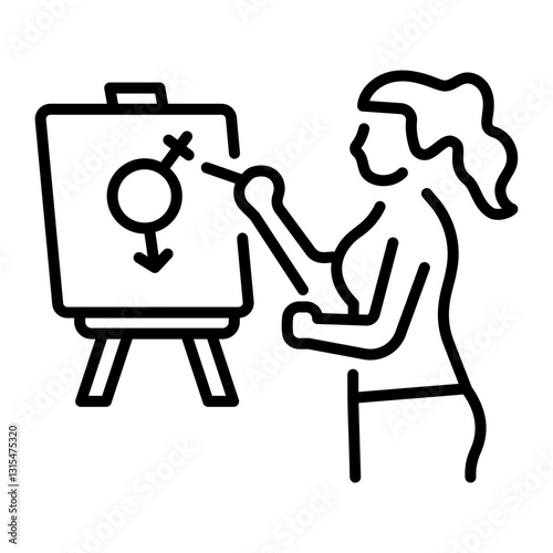 A character making feminist painting on canvas board, line icon 