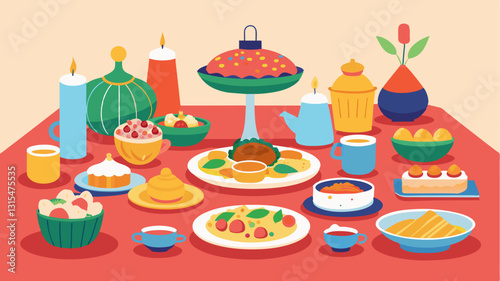 Table after table was filled with delicious holiday dishes representing the diverse backgrounds and cultures of the community.. Vector illustration
