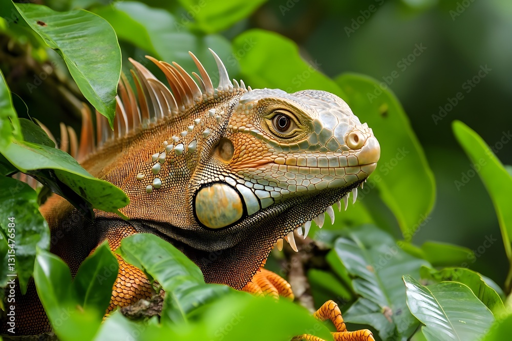 Obraz premium The Iguana in its Illustrating Habitat By looking closely, we can see how the iguana hides in the gaps of the leaves, enjoying the cool tropical atmosphere