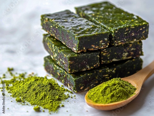 Matcha green tea powder in a wooden spoon on a white background with copy space and pieces of delicious granola bar folded in a stack inviting a healthy treat
