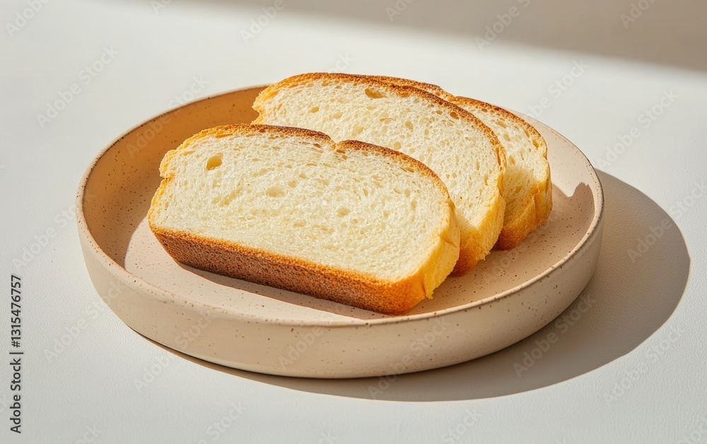 Three slices of freshly baked bread on a beige plate, captured in bright sunlight. The bread has a soft, light crumb and a subtly textured crust Three slices of freshly baked bread on a beige plate, captured in bright sunlight. The bread has a soft, light crumb and a subtly textured crust