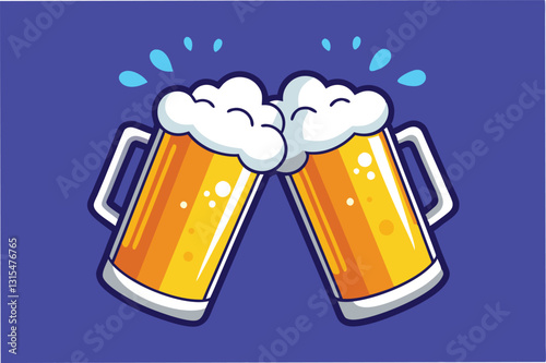 Cheers with two frosty beer mugs clinking together against a vibrant blue background in a festive atmosphere celebrating friendship and good times