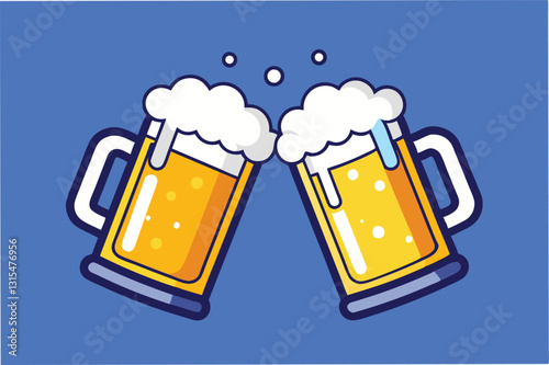 Cheers with two frosty beer mugs clinking together against a vibrant blue background in a festive atmosphere celebrating friendship and good times