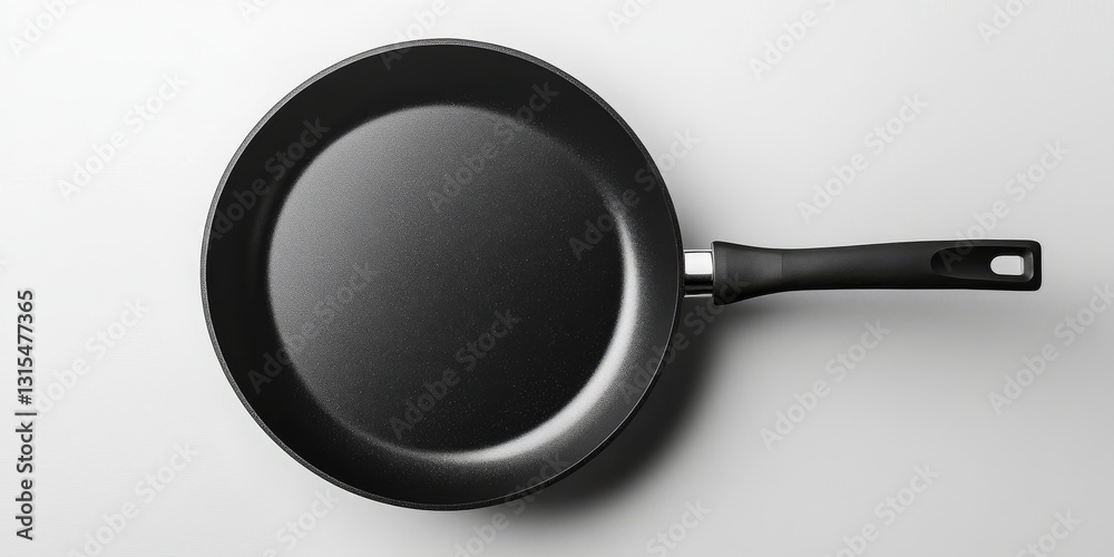 There is a black frying pan placed on a bright white surface There is a black frying pan placed on a bright white surface