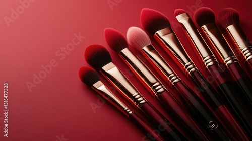 A set of red-themed makeup brushes arranged artistically on a rich red background.