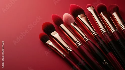Fototapeta samoprzylepna A set of red-themed makeup brushes arranged artistically on a rich red background.
