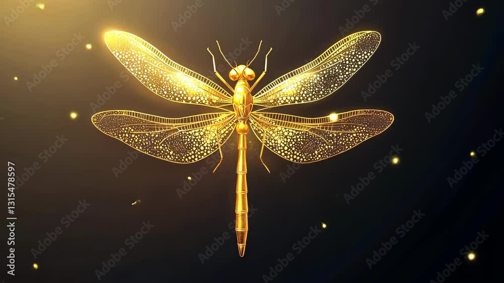 Golden dragonfly with intricate patterns shimmering against a dark background