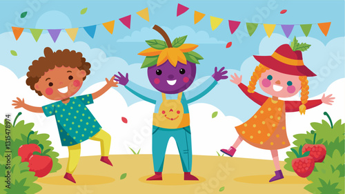 Children giggle and dance around the vibrant scarecrow decorations their faces smeared with berry juice from the pickyourown fruit stations at the festival.. Vector illustration