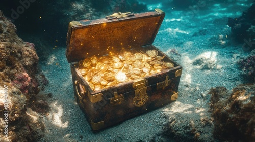 A sunken treasure chest resting on the ocean floor with golden glimmers.