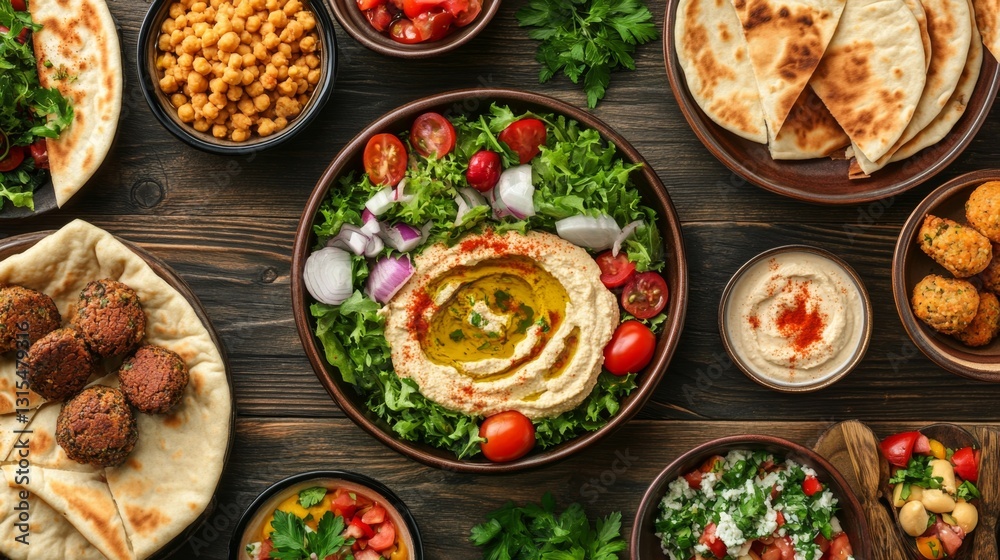 A top view of a Mediterranean-inspired meal with a selection of dishes including hummus, falafel, pita bread, and a fresh salad A top view of a Mediterranean-inspired meal with a selection of dishes including hummus, falafel, pita bread, and a fresh salad