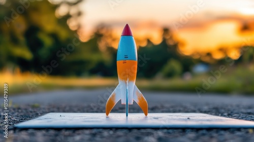 A toy rocket on a launchpad, ready to blast off, colorful and playful.