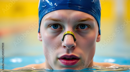 Close-up of an athlete's face with blue swim cap and nose clip in a pool