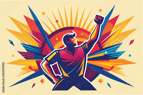 Vector illustration of a cricketer celebrating victory with a trophy and ball amidst colorful bursts and stars