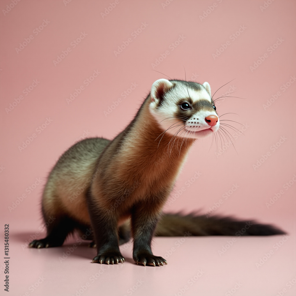 Fototapeta premium cute ferret checking its surroundings on a pink background