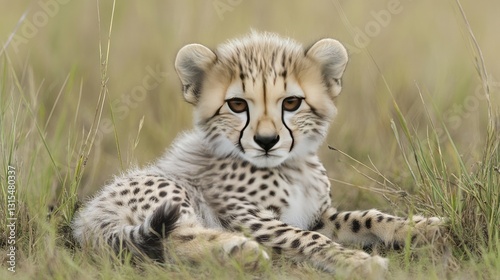 A white cheetah cub playing in the tall green savanna grass.