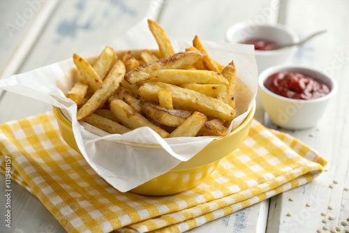 French Fries in Yellow Bowl with Ketchup