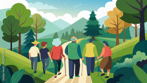 A serene forest setting with a peaceful walking trail guiding a group of seniors on an invigorating hike.. Vector illustration