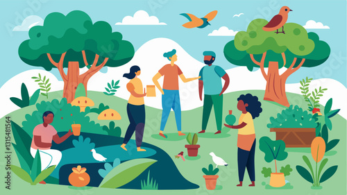 A sanctuary for both humans and wildlife as a diverse group of individuals come together to create a harmonious and biodiverse garden that benefits the entire community.. Vector illustration