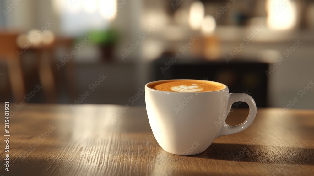 A steaming cup of coffee with latte art on a wooden table, perfect for cozy mornings or relaxin A steaming cup of coffee with latte art on a wooden table, perfect for cozy mornings or relaxin