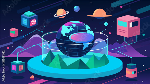 Step into a futuristic world where data and virtual reality collide creating an immersive experience like no other.. Vector illustration