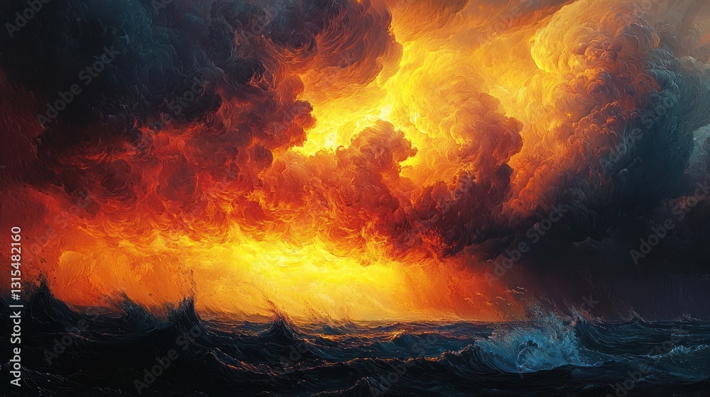 Fototapeta premium Fiery storm clouds over turbulent ocean.