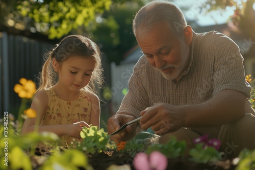 Elderly man teaching his young granddaughter how to plant a seedling in the garden, sharing a special bonding moment.