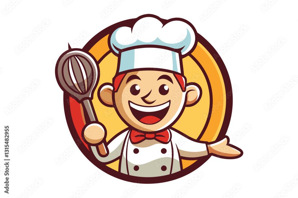Cheerful cartoon chef with whisk in hand presenting delicious cooking methods in a vibrant kitchen setting during daytime Cheerful cartoon chef with whisk in hand presenting delicious cooking methods in a vibrant kitchen setting during daytime