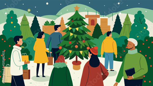 The smell of evergreen and pine fills the air as visitors browse through rows of locally grown Christmas trees and wreaths.. Vector illustration