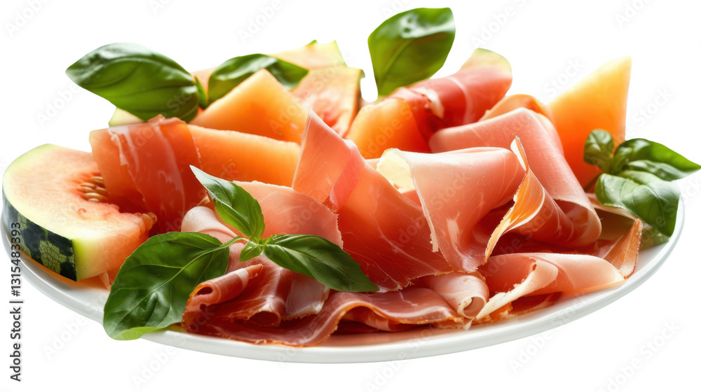 Slices of prosciutto with melon and basil leaves on transparent background Slices of prosciutto with melon and basil leaves on transparent background