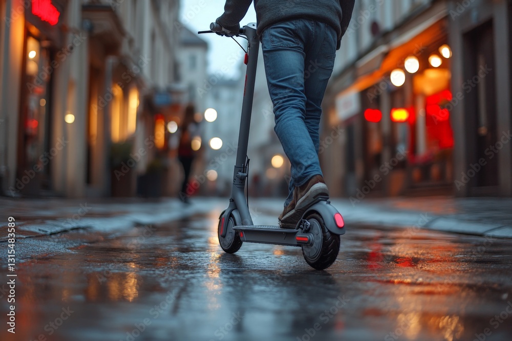 Fototapeta premium Scooter rider navigating a rain-soaked street in a lively city during dusk