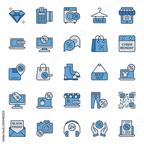 Filled blue outline icons set for Black Friday