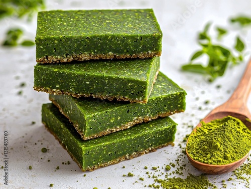 Matcha green tea powder on a wooden spoon with granola bar pieces and ample copy space on a clean white background for a fresh and healthy lifestyle theme