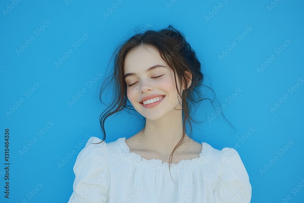 Beautiful Smiling Woman Portrait Blue Background Happy Girl Pretty Young Female Model White Blouse Casual Fashion Photography Studio Shot Cheerful Beautiful Smiling Woman Portrait Blue Background Happy Girl Pretty Young Female Model White Blouse Casual Fashion Photography Studio Shot Cheerful