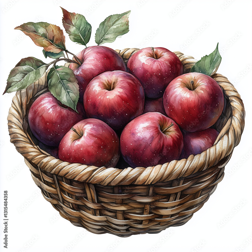 A beautiful wicker garden basket of red apples and a small branch of apple tree. Hand-drawn watercolor illustration. Watercolor garden clipart