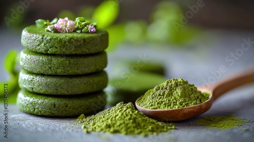 Matcha green tea powder in a wooden spoon on a white background with copy space for granola bar pieces stacked elegantly inviting a healthy lifestyle