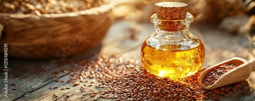 Clear bottle of flaxseed oil alongside a cup of edible flax and linen highlighting healthy fats for a nourishing diet and wellness journey