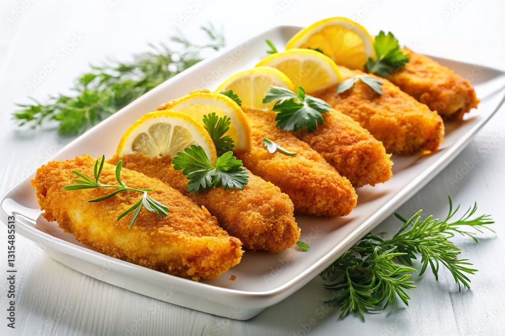Crispy Golden Fish Cutlets Panoramic Platter - Lemon & Herbs Garnish Crispy Golden Fish Cutlets Panoramic Platter - Lemon & Herbs Garnish