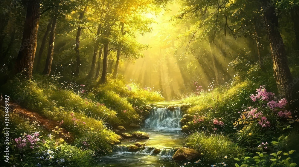 Obraz premium Sunbeams illuminate a tranquil forest stream flowing through lush greenery and wildflowers.