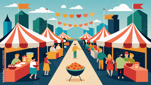 The streets are lined with rows of tents and stalls each offering their own unique and tempting dishes at the vibrant street food festival.. Vector illustration